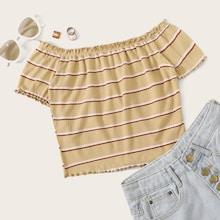Romwe Lettuce Edge Striped Rib-knit Bardot Tee