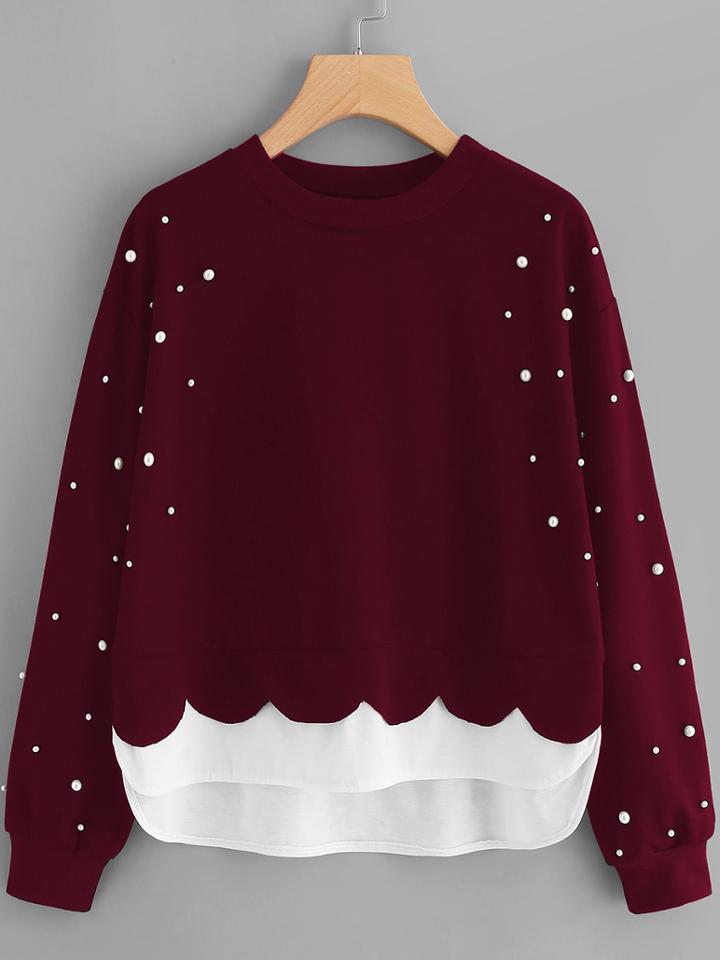 Romwe Pearl Beaded Contrast Hem 2 In 1 Sweatshirt