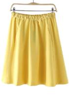 Romwe Elastic Waist Pleated Yellow Skirt
