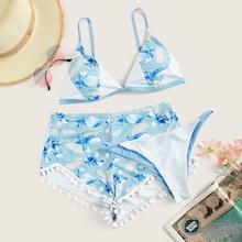 Romwe Floral Triangle Bikini Set With Shorts 3pack