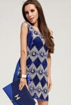 Romwe Sequined Geometric Pattern Blue Dress