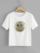 Romwe Sequin Smile Face Tee