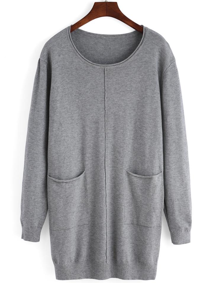 Romwe Round Neck Pockets Sweater Dress
