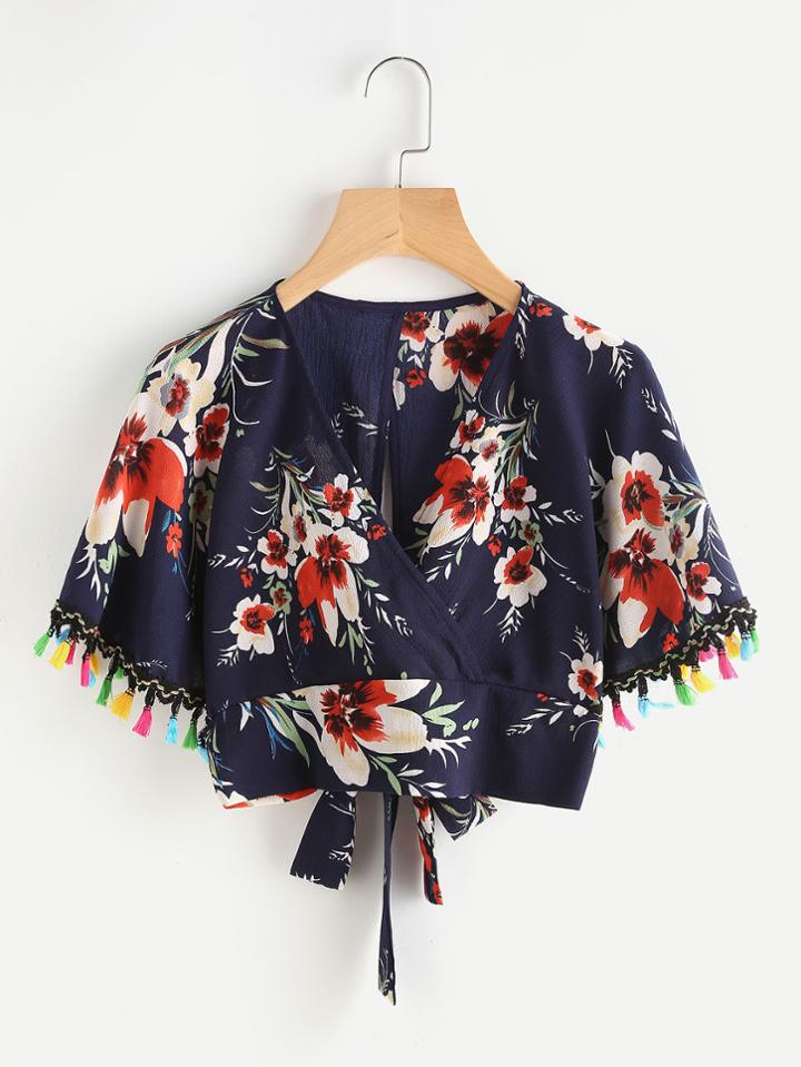 Romwe Random Split Knot Back Tassel Cuff Surplice Top