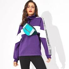 Romwe Letter Print Zip Half Placket Sweatshirt