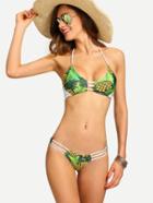 Romwe Strappy Pineapple Print Bikini Set - Green