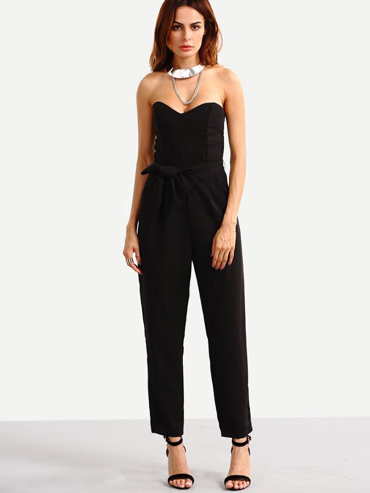 Romwe Self-tie Bandeau Jumpsuit - Black