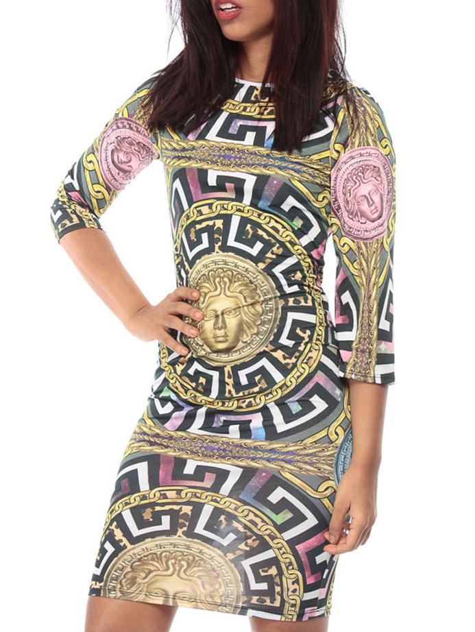Romwe Round Neck Vintage Print Bodycon Dress