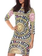 Romwe Round Neck Vintage Print Bodycon Dress