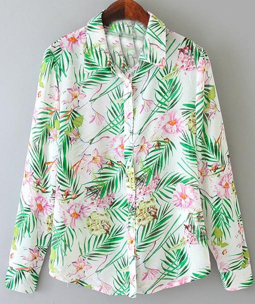 Romwe Leaves Print Chiffon Blouse