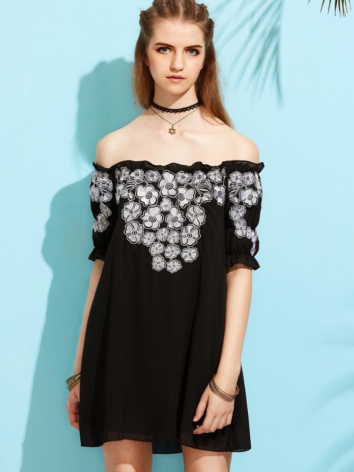 Romwe Black Embroidered Ruffle Off The Shoulder Dress