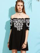Romwe Black Embroidered Ruffle Off The Shoulder Dress