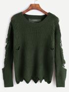 Romwe Army Green Wave Hem Distressed Sweater