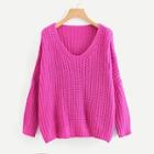Romwe Neon Pink V Neck Drop Shoulder Oversized Sweater