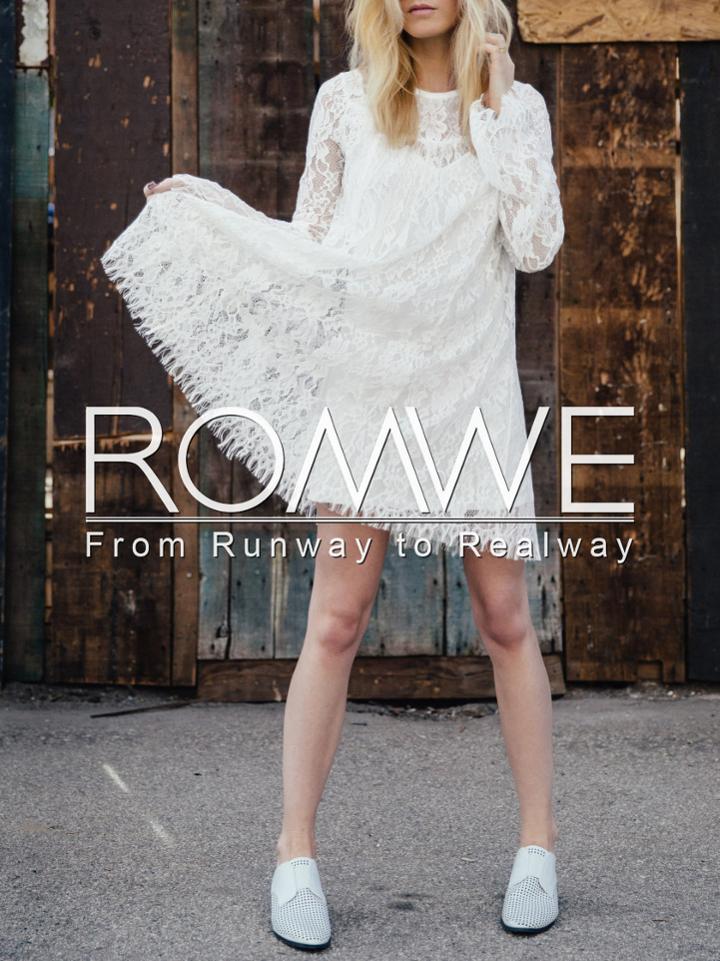 Romwe Beige Bell Sleeve Lace Embroidered Dress