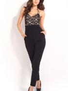 Romwe Halter Backless Lace Splicing Jumpsuit