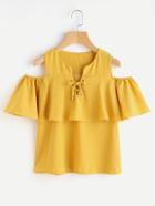 Romwe Open Shoulder Layered Eyelet Lace Up Top