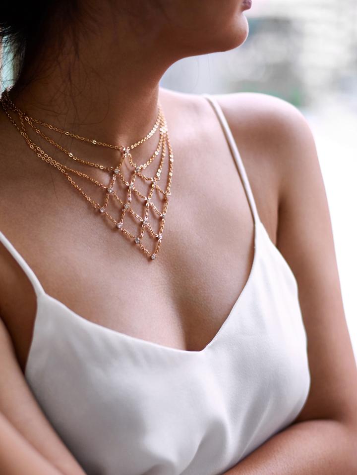 Romwe Rhinestone Decorated Geometric Chain Necklace