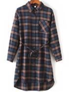 Romwe Plaid Pocket High Low Shirt Dress