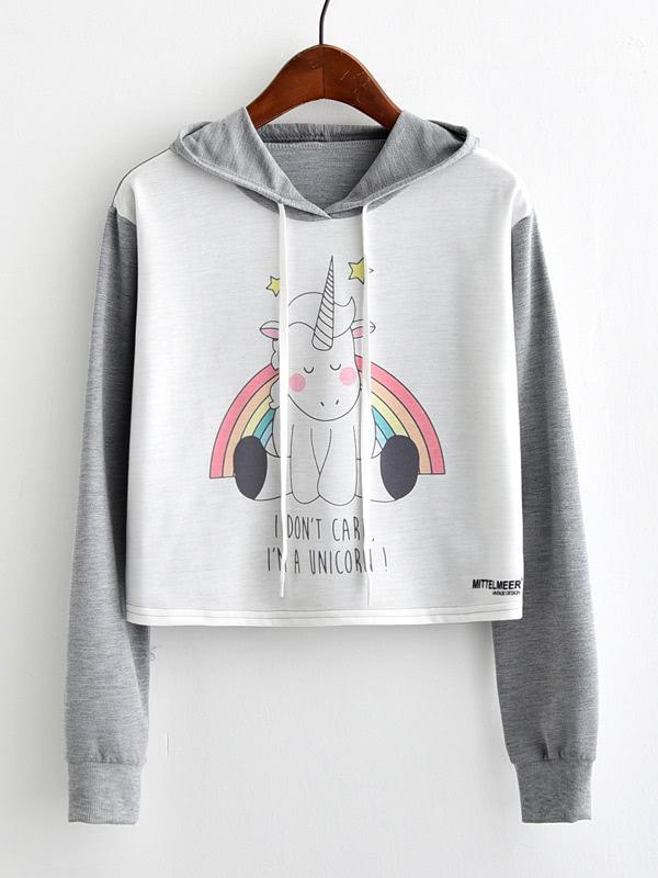 Romwe Contrast Sleeve Graphic Print Hoodie