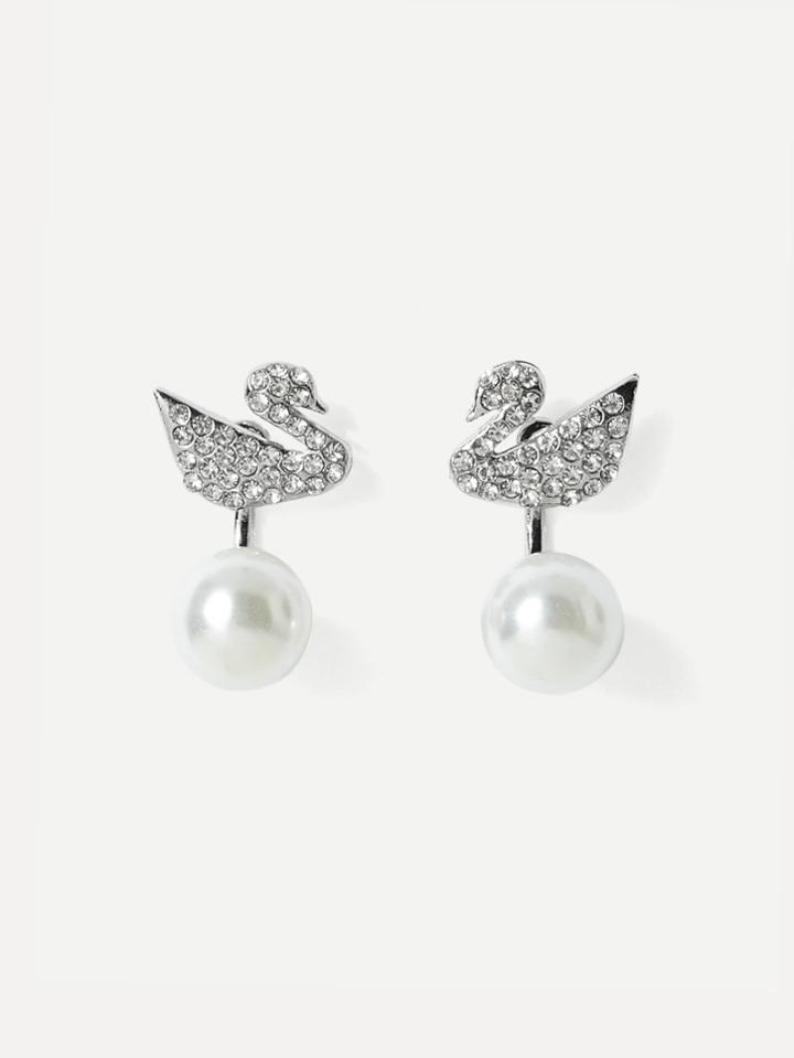 Romwe Faux Pearl Swan Design Stud Earrings