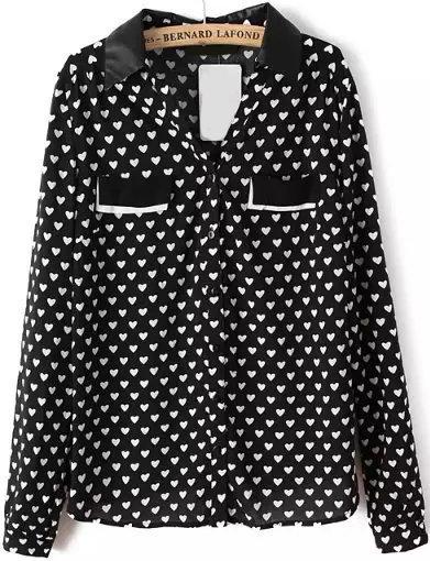Romwe Lapel Heart Print Black Blouse