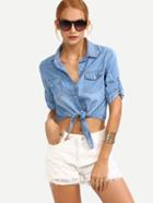 Romwe Knot-front Rolled Sleeve Blue Denim Blouse
