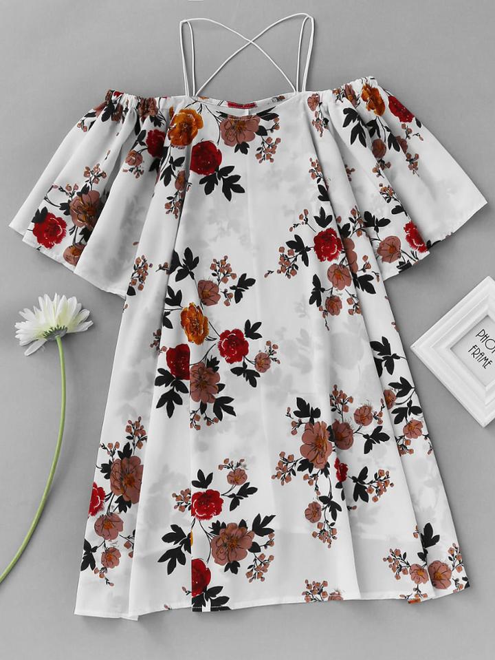 Romwe Open Shoulder Floral Print Random Criss Cross Dress