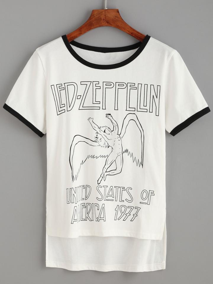 Romwe White Contrast Trim Graphic Print High Low T-shirt