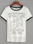 Romwe White Contrast Trim Graphic Print High Low T-shirt