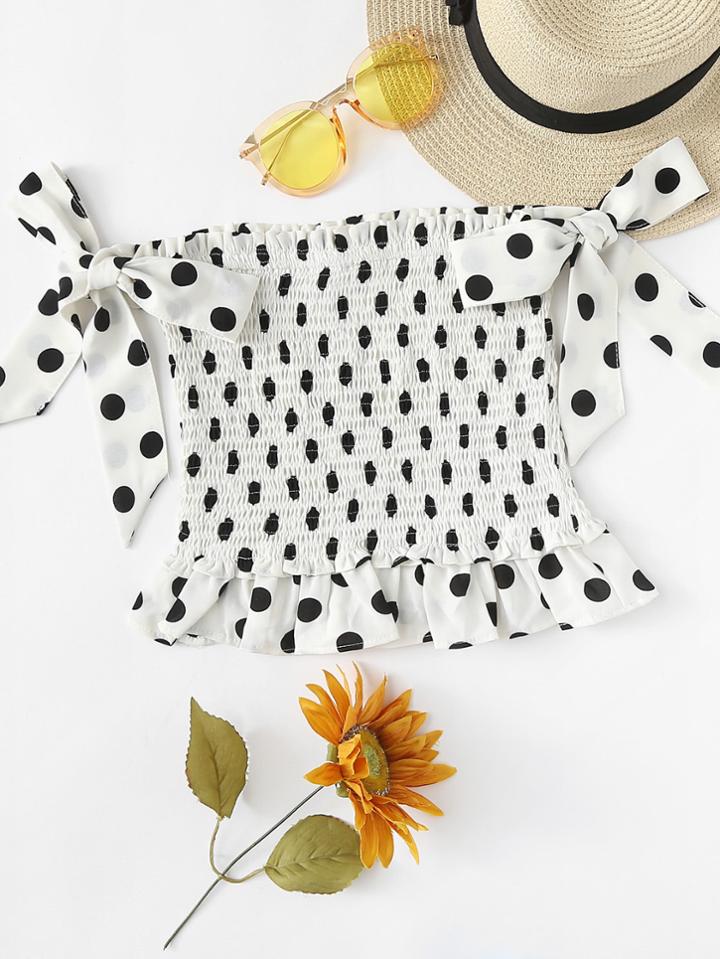 Romwe Off Shoulder Polka Dot Frill Trim Top