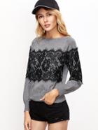 Romwe Grey Contrast Floral Lace Applique Sweater