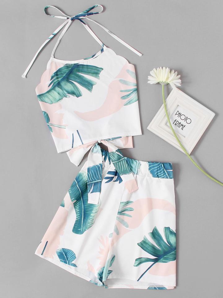 Romwe Open Back Bow Tie Crop Halter Top With Shorts