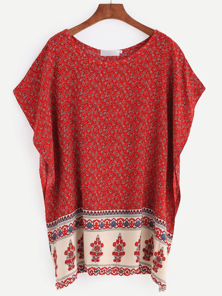 Romwe Red Flower Print Dolman Sleeve Top