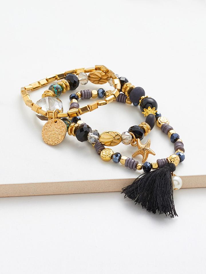Romwe Tassel & Starfish Drop Bracelet Set 3pcs