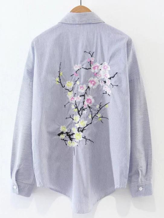 Romwe Blue Pinstripes Drop Shoulder Flower Embroidery Back Pocket Shirt