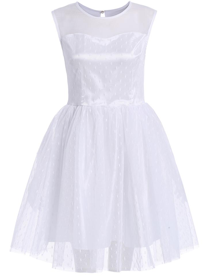 Romwe Sheer Mesh Polka Dot Flare White Dress