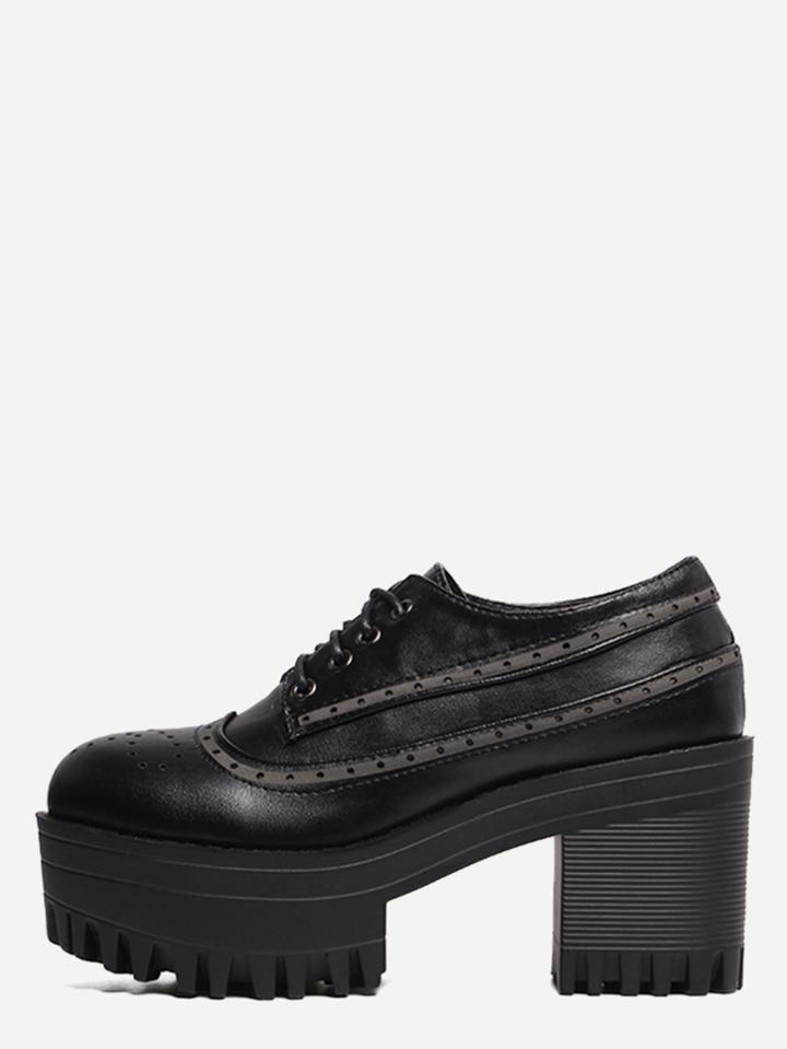 Romwe Black Round Toe Laser Out Lace Up Platform Shoes