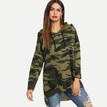 Romwe Asymmetrical Hem Hooded Camo Sweatshirt