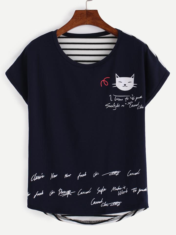 Romwe Cat Print Striped Back T-shirt - Navy