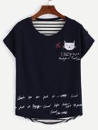 Romwe Cat Print Striped Back T-shirt - Navy