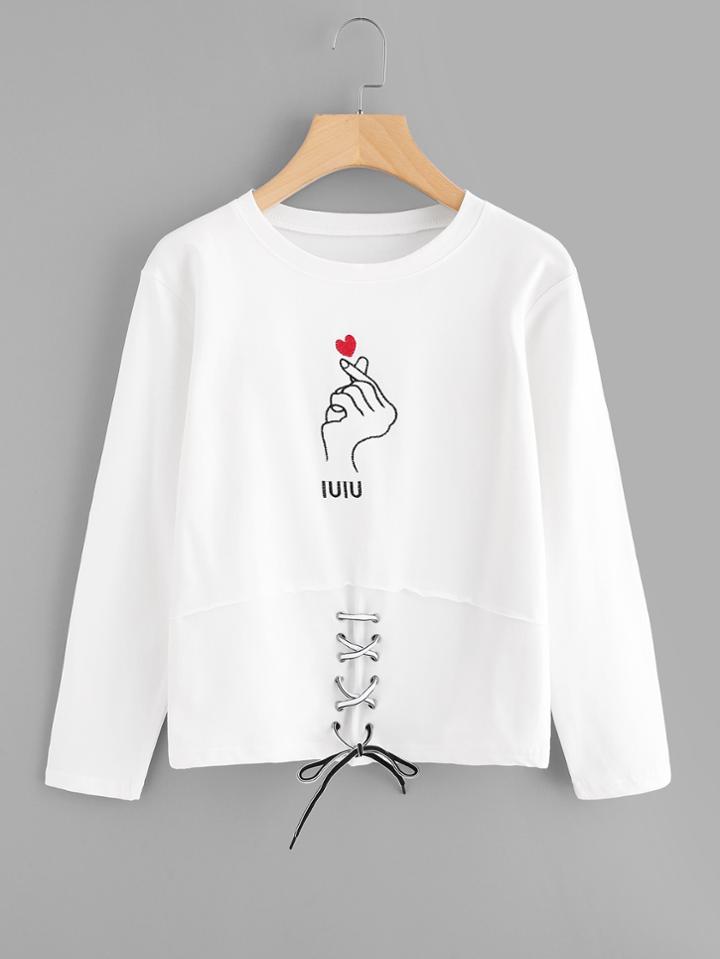 Romwe Hand Embroidered Eyelet Lace Up Tee