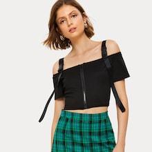 Romwe Zip Through Solid Ribbed Tee