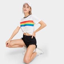 Romwe Colorful Striped Panel Knot Hem Tee