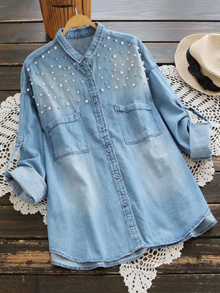 Romwe Rolled Sleeve Pearl Detail Dip Hem Denim Shirt