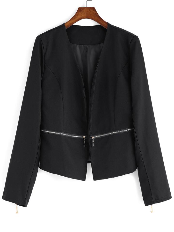 Romwe Zipper Slim Black Blazer