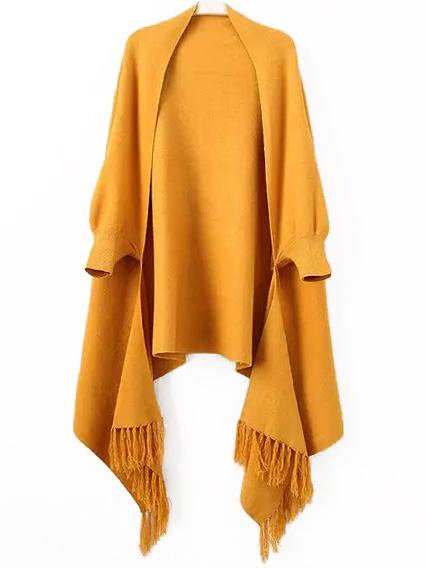 Romwe Women Fringe Yellow Poncho Sweater