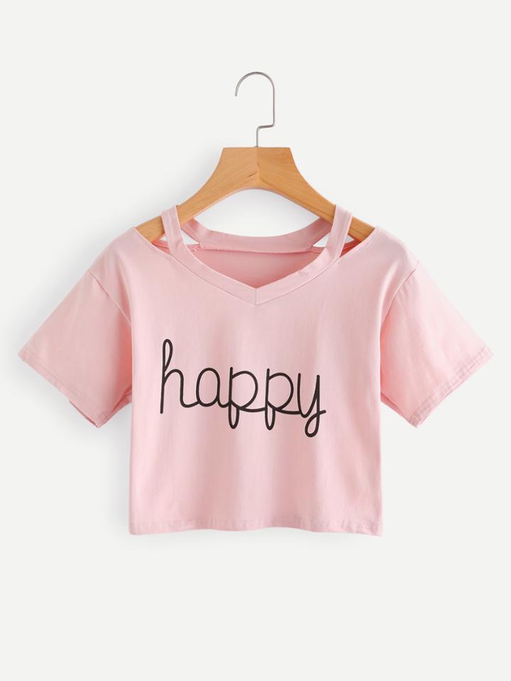 Romwe Cut Out Neck Letter Print Crop Tee