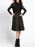 Romwe Stand Collar Contrast Lace Plaid Dress