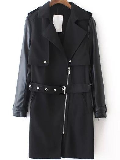 Romwe Lapel Zipper Belt Coat
